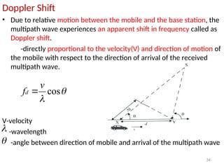 Doppler Shift
• Due to relative motion between the mobile and the base station, the
multipath wave experiences an apparent shift in frequency called as
Doppler shift.
-directly proportional to the velocity(V) and direction of motion of
the mobile with respect to the direction of arrival of the received
multipath wave.
V-velocity
-wavelength
-angle between direction of mobile and arrival of the multipath wave
34


cos
v
fd 


 