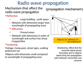 Radio wave propogation
Mechanism that affect the
radio wave propogation
Reflection
– Large building , earth space
– Obstacle with dimension larger than
wavelength of propogating wave
 Diffraction
– Fresnal zones
– Obstacle with dimension in order of
wavelength and surface has sharp
irregularities
Scattering
•Foliage, Comp post, street signs, walking
pedestrain etc
•Objects with dimension small compared
to wavelength of propagating wave
Reflection (R), diffraction (D)
and scattering (S)
.
(
propagation mechanism
)
Shadowing -effect that the
received signal power
fluctuates due to objects
obstructing the propagation
path between transmitter and
receiver
.
 