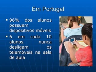 Em Portugal 96% dos alunos possuem dispositivos móveis 6 em cada 10 alunos nunca desligam os telemóveis na sala de aula 