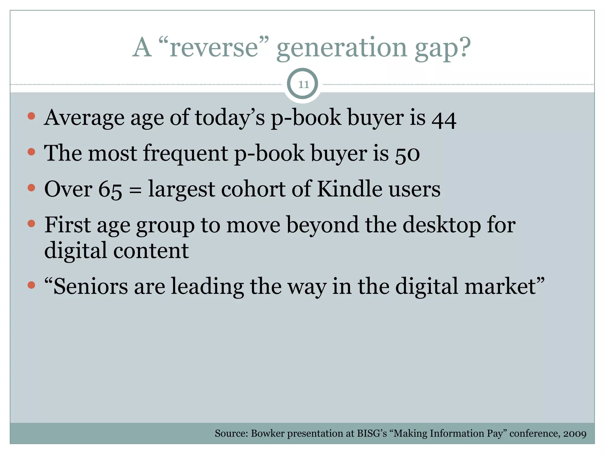 A  “reverse” generation gap? Average age of today’ s p-book buyer is 44 The most frequent p-book buyer is 50 Over 65 = largest cohort of Kindle users First age group to move beyond the desktop for digital content “ Seniors are leading the way in the digital market” Source: Bowker presentation at BISG’s “Making Information Pay” conference, 2009 