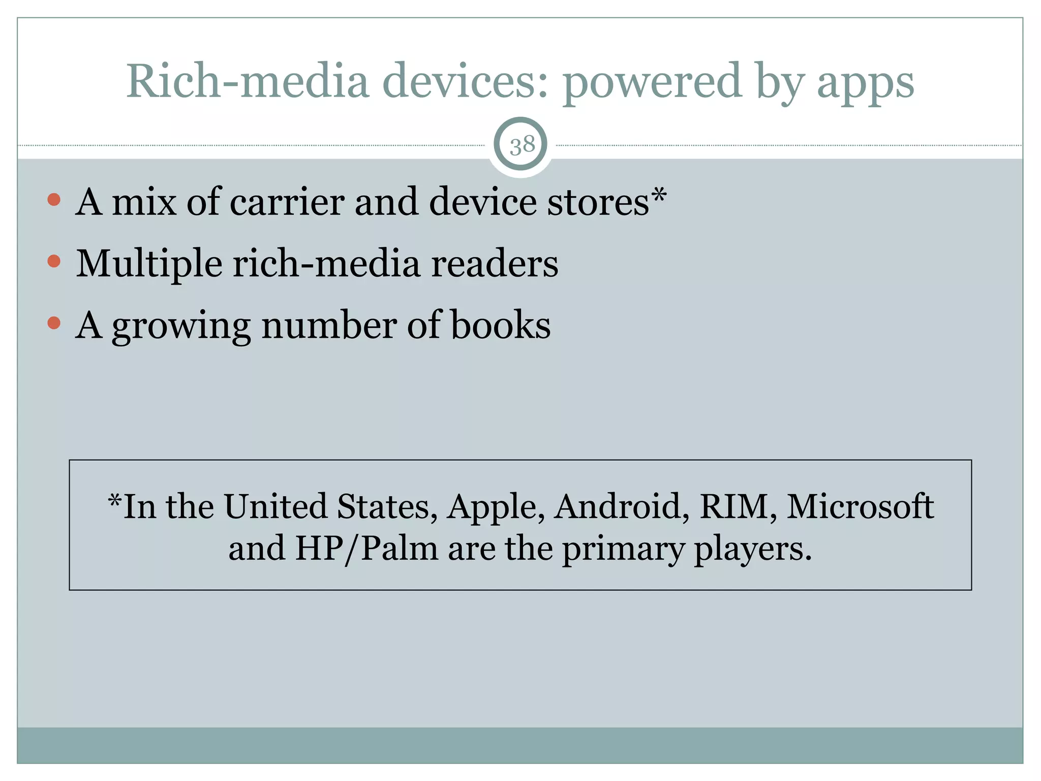 Rich-media devices: powered by apps A mix of carrier and device stores* Multiple rich-media readers A growing number of books *In the United States, Apple, Android, RIM, Microsoft and HP/Palm are the primary players. 