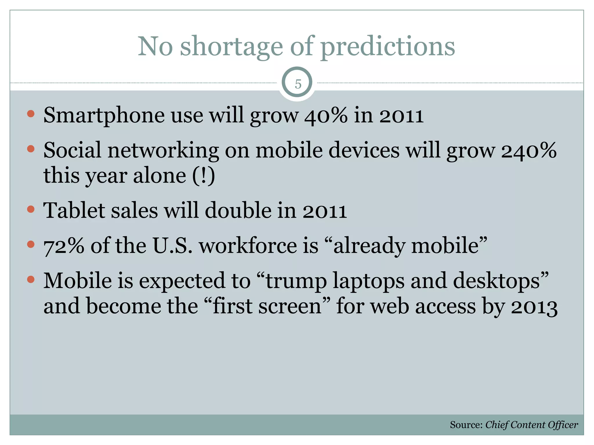 No shortage of predictions Smartphone use will grow 40% in 2011 Social networking on mobile devices will grow 240% this year alone (!) Tablet sales will double in 2011 72% of the U.S. workforce is “already mobile” Mobile is expected to “trump laptops and desktops” and become the “first screen” for web access by 2013 Source:  Chief Content Officer 