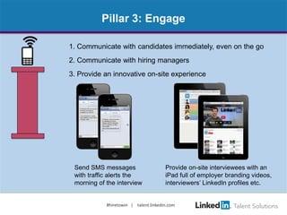 Pillar 3: Engage
1. Communicate with candidates immediately, even on the go
2. Communicate with hiring managers
3. Provide...