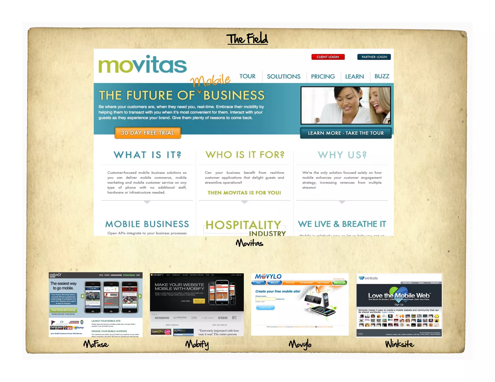 The Field




                   Movitas




MoFuse   Mobify               Movylo   Winksite
 