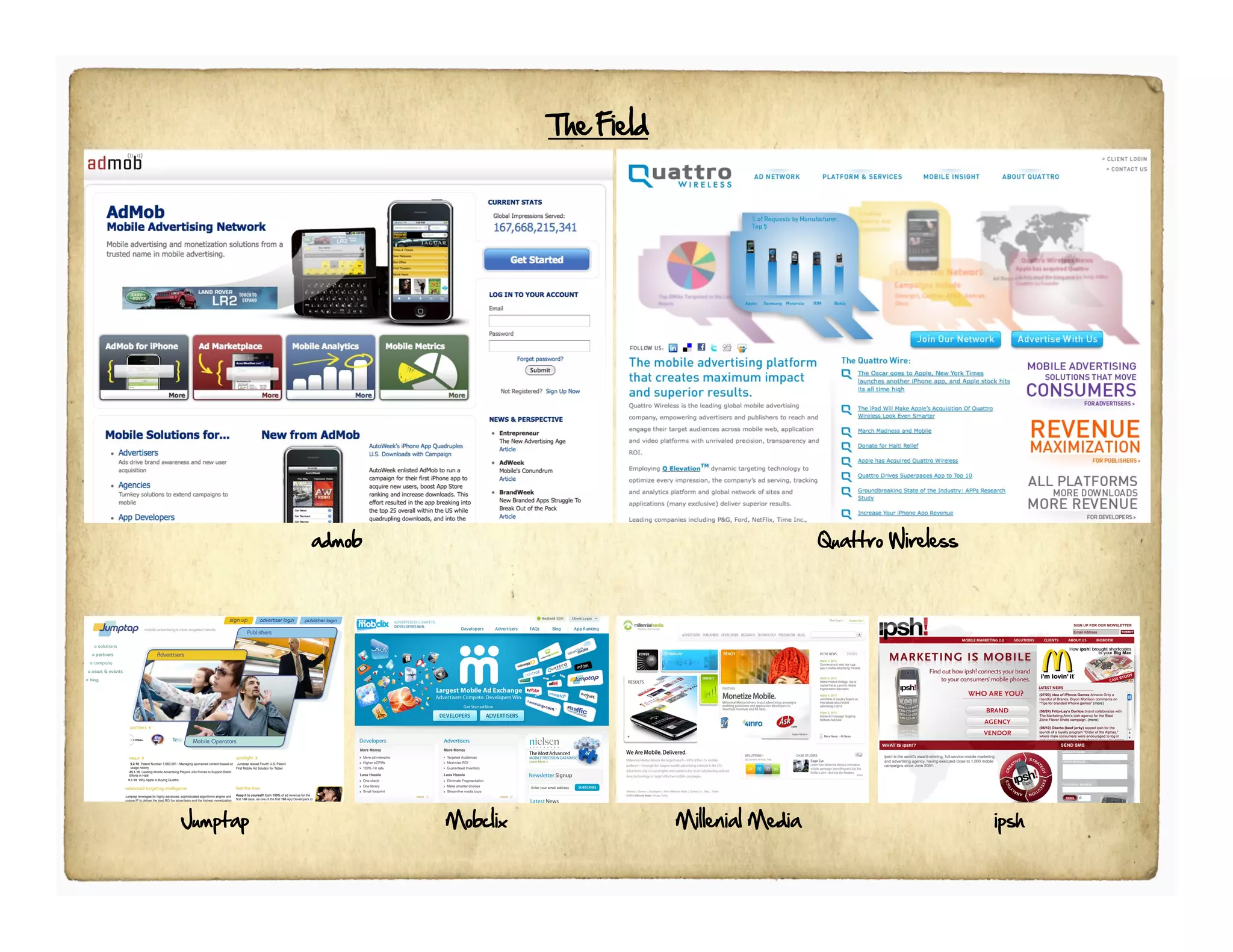The Field




          admob                                           Quattro Wireless




Jumptap           Mobclix               Millenial Media                      ipsh
 