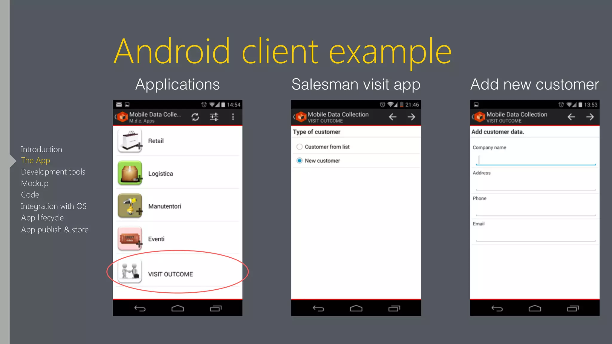 Android client example
Applications Add new customerSalesman visit app
Introduction
The App
Development tools
Mockup
Code
Integration with OS
App lifecycle
App publish & store
 