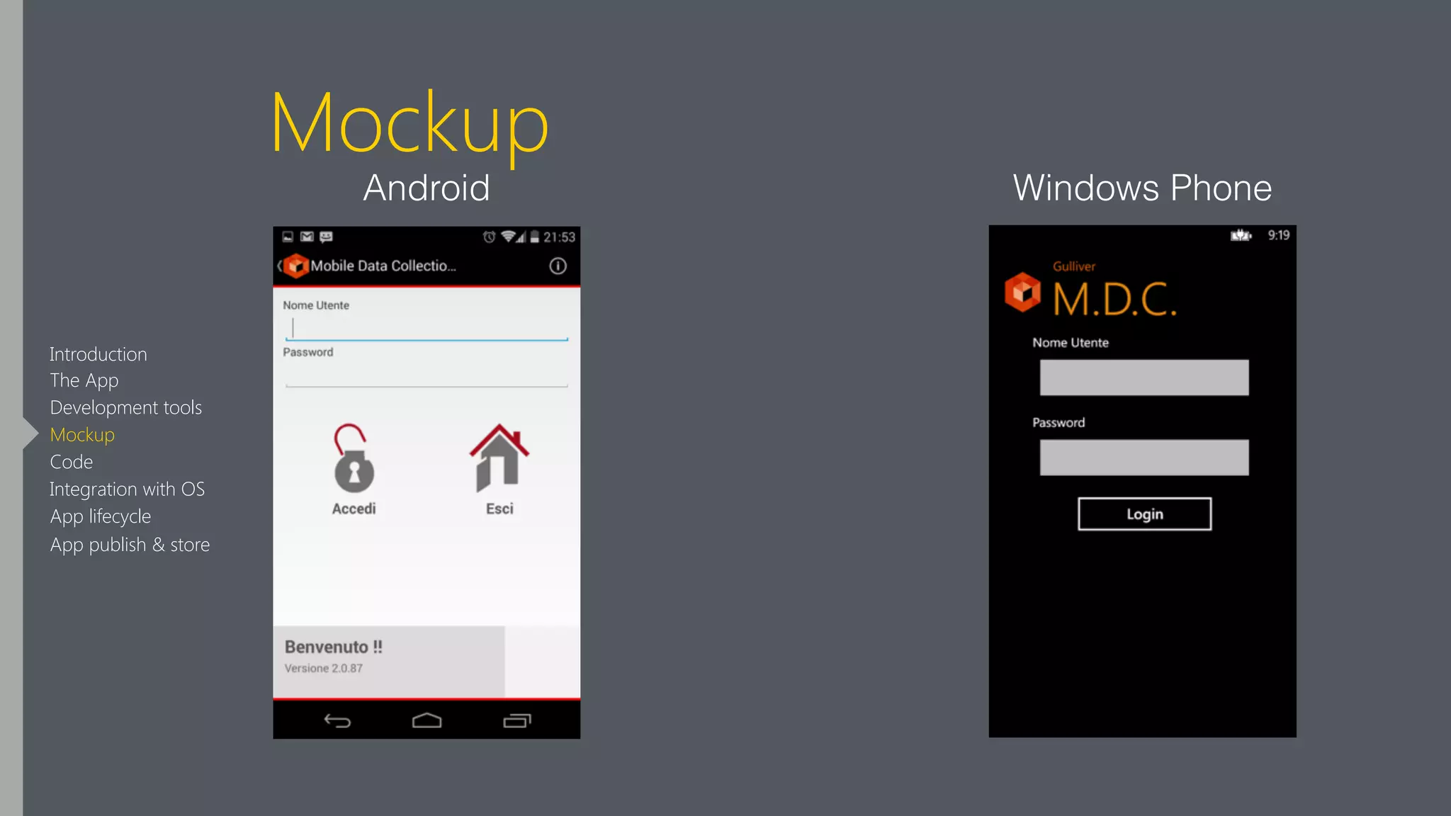 Mockup
Android Windows Phone
Introduction
The App
Development tools
Mockup
Code
Integration with OS
App lifecycle
App publish & store
 