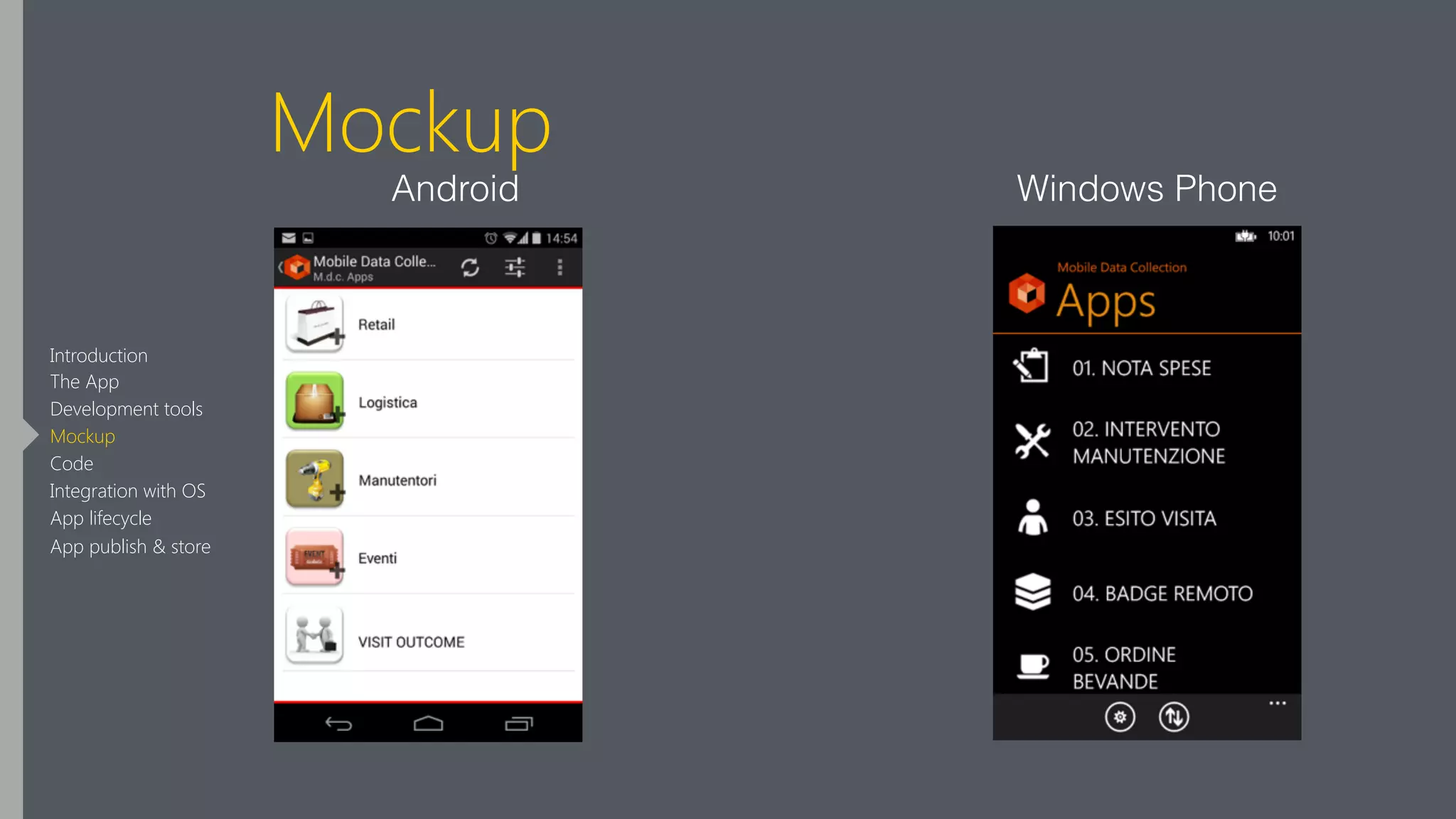 Mockup
Android Windows Phone
Introduction
The App
Development tools
Mockup
Code
Integration with OS
App lifecycle
App publish & store
 