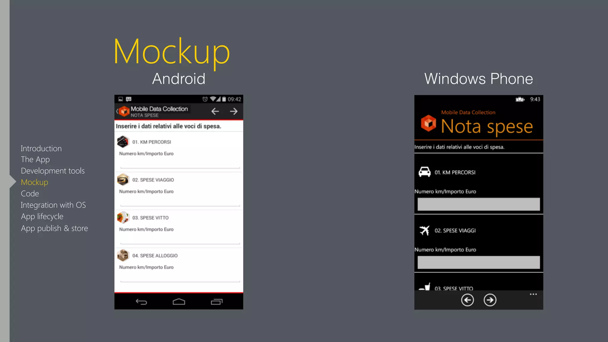 Mockup
Android Windows Phone
Introduction
The App
Development tools
Mockup
Code
Integration with OS
App lifecycle
App publish & store
 