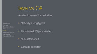 Java vs C#
Academic answer for similarities:
‣ Statically strong typed
‣ Class-based, Object-oriented
‣ Semi-interpreted
‣ Garbage collection
Introduction
The App
Development tools
Mockup
Code
Integration with OS
App lifecycle
App publish & store
 