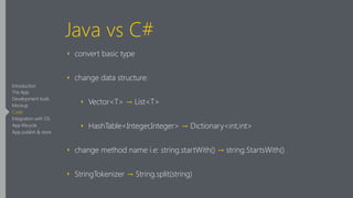 Java vs C#
‣ convert basic type
‣ change data structure:
‣ Vector<T> → List<T>
‣ HashTable<Integer,Integer> → Dictionary<int,int>
‣ change method name i.e: string.startWith() → string.StartsWith()
‣ StringTokenizer → String.split(string)
Introduction
The App
Development tools
Mockup
Code
Integration with OS
App lifecycle
App publish & store
 