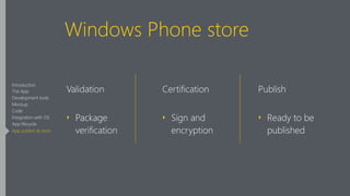 Windows Phone store
Validation
‣ Package
verification
!
Certification
‣ Sign and
encryption
!
Publish
‣ Ready to be
published
Introduction
The App
Development tools
Mockup
Code
Integration with OS
App lifecycle
App publish & store
 