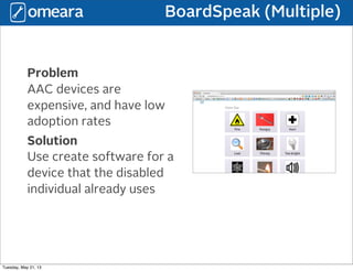 BoardSpeak (Multiple)
Problem
AAC devices are
expensive, and have low
adoption rates
Solution
Use create software for a
device that the disabled
individual already uses
Tuesday, May 21, 13
 
