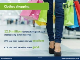 Clothes shopping
Source: Expedia
@mobilesquared www.mobilesquared.co.uk
12.6 million females have purchased
clothes using a mobile device
39% said their experience was excellent
41% said their experience was good
 