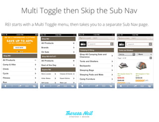 Skip the Sub Nav
Lowe’s oﬀers a new page of options on each drill down. This may be the most
common pattern in retail navigation (Target, Walmart, Amazon, etc).
 