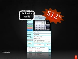 Built with
                                                                    Xcode
                                                                                                  $12   99




TripLog/1040

                                                                                                             ®




 Copyright 2009 Adobe Systems Incorporated. All rights reserved.                #adobeAUG XL351
 