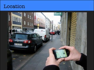 Using the
phone’s
camera, an
information
layer is
superimposed
over the real-
world.




             Augmented Reality
 