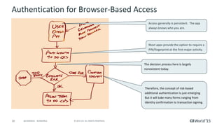 20 © 2015 CA. ALL RIGHTS RESERVED.@CAWORLD #CAWORLD
Authentication for Browser-Based Access
Access generally is persistent. The app
always knows who you are.
The decision process here is largely
nonexistent today.
Therefore, the concept of risk-based
additional authentication is just emerging.
But it will take many forms ranging from
identity confirmation to transaction signing.
Most apps provide the option to require a
PIN/fingerprint at the first major activity.
 