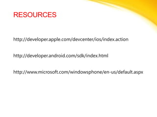 RESOURCEShttp://developer.apple.com/devcenter/ios/index.actionhttp://developer.android.com/sdk/index.htmlhttp://www.microsoft.com/windowsphone/en-us/default.aspx