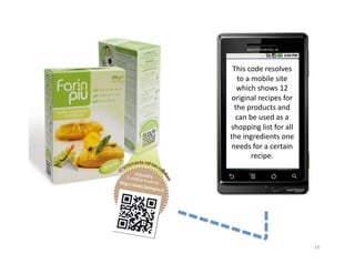 This	
  code	
  resolves	
  
   to	
  a	
  mobile	
  site	
  
   which	
  shows	
  12	
  
 original	
  recipes	
  for	
  
  the	
  products	
  and	
  
  can	
  be	
  used	
  as	
  a	
  
shopping	
  list	
  for	
  all	
  
the	
  ingredients	
  one	
  
needs	
  for	
  a	
  certain	
  
             recipe.	
  	
  




                                     10	
  
 