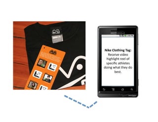 Nike	
  Clothing	
  Tag:	
  
  Receive	
  video	
  
 highlight	
  reel	
  of	
  
 speciﬁc	
  athletes	
  
doing	
  what	
  they	
  do	
  
          best.	
  
 