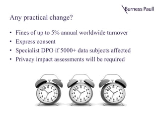 Any practical change?
• Fines of up to 5% annual worldwide turnover
• Express consent
• Specialist DPO if 5000+ data subjects affected
• Privacy impact assessments will be required
 