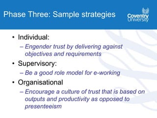 Phase Three: Sample strategies
• Individual:
– Engender trust by delivering against
objectives and requirements
• Supervisory:
– Be a good role model for e-working
• Organisational
– Encourage a culture of trust that is based on
outputs and productivity as opposed to
presenteeism
 