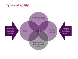 Types of agility
Workforce agility
Flexible
working
Organisational
processes and
structures
Skills
Evolving
business
needs
Changing
employee
needs
 