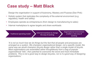 Case study – Matt Black
Design the organisation in support of Autonomy, Mastery and Purpose (Dan Pink)
• Holistic system that replicates the complexity of the external environment (e.g.
regulatory, health and safety)
• Employees operate as entrepreneurs (from design to manufacturing to sales)
• Internal marketplace to agree targets and share workloads
‘It is not so much how we do things but the fact that all people and processes are
arranged as a system. We champion organisational design, not a specific model, the
same way we would champion bicycle design rather than a single model of bicycle.
Most organisations are assembled rather thoughtlessly from a bag of popular
organisational “bits”, then patched to overcome the worst and most immediate
problems. This is not a good way to design bicycles, nor is it a good way of designing
organisations.’
Traditional operating model
External incentives to change
the way of working
Organisational environment
enables a new way of
working
 