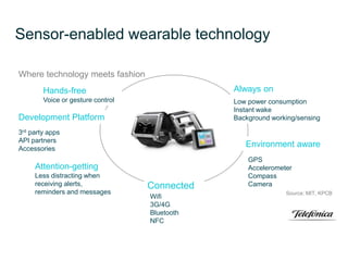 Sensor-enabled wearable technology
Where technology meets fashion
3rd party apps
API partners
Accessories
Development Platform
Less distracting when
receiving alerts,
reminders and messages
Attention-getting
Voice or gesture control
Hands-free
Low power consumption
Instant wake
Background working/sensing
Always on
Wifi
3G/4G
Bluetooth
NFC
Connected
GPS
Accelerometer
Compass
Camera
Environment aware
Source: MIT, KPCB
 