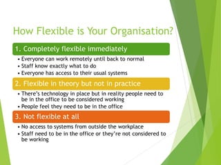 1. Completely flexible immediately
• Everyone can work remotely until back to normal
• Staff know exactly what to do
• Everyone has access to their usual systems
2. Flexible in theory but not in practice
• There’s technology in place but in reality people need to
be in the office to be considered working
• People feel they need to be in the office
3. Not flexible at all
• No access to systems from outside the workplace
• Staff need to be in the office or they’re not considered to
be working
How Flexible is Your Organisation?
 