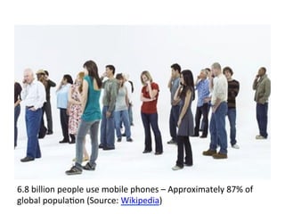 6.8	billion	people	use	mobile	phones	–	Approximately	87%	of	
global	populaAon	(Source:	Wikipedia)	
 