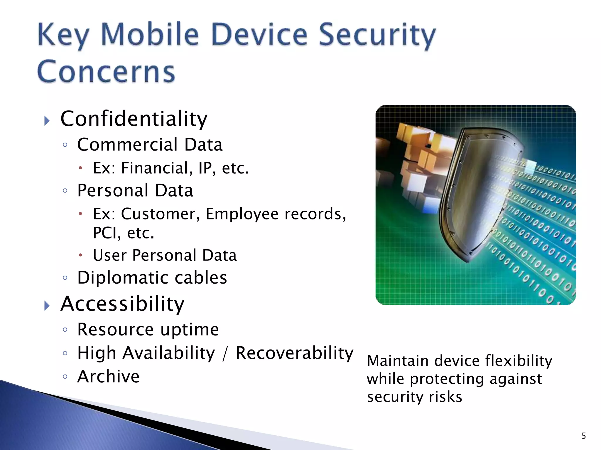  Confidentiality
◦ Commercial Data
 Ex: Financial, IP, etc.
◦ Personal Data
 Ex: Customer, Employee records,
PCI, etc.
 User Personal Data
◦ Diplomatic cables
 Accessibility
◦ Resource uptime
◦ High Availability / Recoverability
◦ Archive
5
Maintain device flexibility
while protecting against
security risks
 