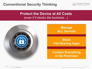 Conventional Security Thinking
Protect the Device at All Costs
(even if it blocks the business…)

Manage
ALL Devices
Block
Is that Realistic?
File-Sharing Apps
Contain Everything
in the Perimeter

©2013 Check Point Software Technologies Ltd.

13

 