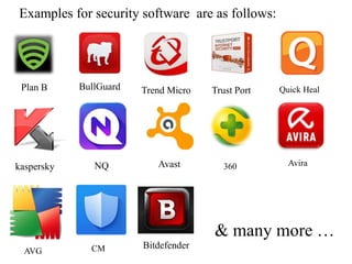 Plan B BullGuard Trend Micro
Examples for security software are as follows:
Trust Port Quick Heal
kaspersky NQ Avast 360 Avira
AVG CM
& many more …
Bitdefender
 