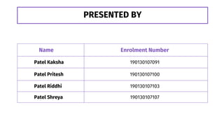 Name Enrolment Number
Patel Kaksha 190130107091
Patel Pritesh 190130107100
Patel Riddhi 190130107103
Patel Shreya 190130107107
PRESENTED BY
 