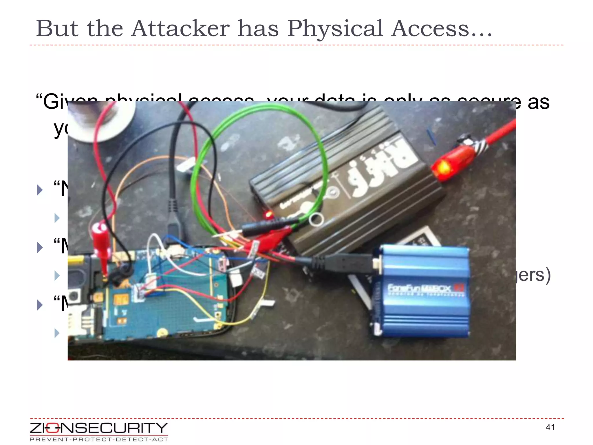 But the Attacker has Physical Access…
41
“Given physical access, your data is only as secure as
your attacker is lazy or ignorant”
 “Not motivated”:
 You are lucky, your data is safe.
 “Motivated but not very skilled”:
 RIFF Box and others (pre-programmed JTAG debuggers)
 “Motivated and skilled”:
 Nothing to prevent data theft…
 