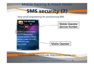 Mobile Hacking & Attack Vector

        SMS security (2)
Easy social engineering for provisioning SMS




Thanks to Mobile Security Lab, http://www.mseclab.com
                          Lab http://www mseclab com

          Mobile Security - Fabio Pietrosanti - www.privatewave.com   36
 