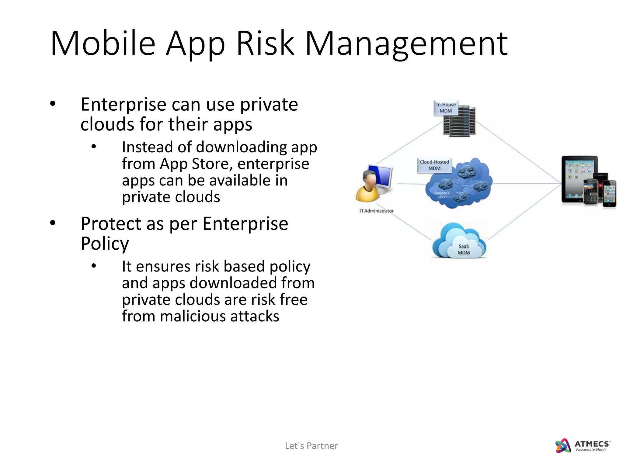 Mobile App Risk Management
Let's Partner
• Enterprise can use private
clouds for their apps
• Instead of downloading app
from App Store, enterprise
apps can be available in
private clouds
• Protect as per Enterprise
Policy
• It ensures risk based policy
and apps downloaded from
private clouds are risk free
from malicious attacks
 