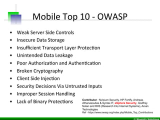 Mobile	
  Top	
  10	
  -­‐	
  OWASP	
  
•  Weak	
  Server	
  Side	
  Controls	
  
•  Insecure	
  Data	
  Storage	
  
•  In...