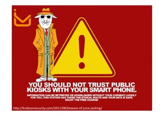 h>p://krebsonsecurity.com/2011/08/beware-­‐of-­‐juice-­‐jacking/	
  
 