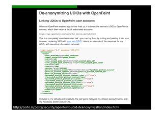 h>p://corte.si/posts/security/openfeint-­‐udid-­‐deanonymizaSon/index.html	
  
 