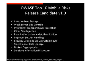 OWASP	
  Top	
  10	
  Mobile	
  Risks	
  
                  Release	
  Candidate	
  v1.0	
  
    •    Insecure	
  Data	
  Storage	
  
    •    Weak	
  Server	
  Side	
  Controls	
  
    •    Insuﬃcient	
  Transport	
  Layer	
  ProtecSon	
  
    •    Client	
  Side	
  InjecSon	
  
    •    Poor	
  AuthorizaSon	
  and	
  AuthenScaSon	
  
    •    Improper	
  Session	
  Handling	
  
    •    Security	
  Decisions	
  Via	
  Untrusted	
  Inputs	
  
    •    Side	
  Channel	
  Data	
  Leakage	
  
    •    Broken	
  Cryptography	
  
    •    SensiSve	
  InformaSon	
  Disclosure	
  


h>ps://www.owasp.org/index.php/OWASP_Mobile_Security_Project	
  
 