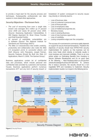 Security – Objectives, Process and Tips



to provide a head start for the security process and                   breakdown of system consequent to security issues
techniques. Subsequently, professionals can later                      may directly or indirectly lead to:
explore in more detail other approaches.
                                                                       •   Loss of business data.
Security Objectives – The known facts                                  •   Loss of customer’s personal data.
                                                                       •   Loss of financial data
•   The cost of recovering from even a single data                     •   Loss of employee’s data
    breach now averages $6.3 million up 31 percent                     •   Loss of intellectual properties etc.
    since 2006 and nearly 90 percent since 2005.                       •   Monetary losses.
    (Source: Assessing Application Vulnerabilities. A                  •   Loss in existing Business.
    360 Degree Approach Dr. Brian Chess Founder                        •   Loss of new business opportunity
    and Chief Scientist Fortify)                                       •   Loss of credibility.
•   92 percent of exploitable vulnerabilities are                      •   Losing competitive edge over the competitor.
    in software (Source The National Institute for
    Standards and Technology (NIST))                                   The success of e-commerce/m-commerce solely depends
•   The Web 2.0 characteristics that enable creativity,                on support for secure financial transactions. Therefore the
    productivity and collaboration also make the Web                   objectives of security should have EFFECTIVE security
    2.0 ecosystem prone to successful attacks and                      implementation for systems so that business can be
    theft. (Source: John Pescatore, Joseph Feiman,                     done more freely which directly or indirectly results in
    Security Features Should Be Built Into Web 2.0                     more business and improved credibility. There is an nice
    Applications, March 5, 2008, The Gartner Group.)                   article written on Estimating Benefits from Investing in
                                                                       Secure Software Development and it’s an good read
Business applications contain lot of confidential                      at the following – https://buildsecurityin.us-cert.gov/bsi/
data and processes, which include personal and                         articles/knowledge/business/267-BSI.html. To achieve
confidential data provided by customers and business                   this in today’s scenarios, the security should be a non
houses. Business applications perform numerous                         negotiable NFR and mandatory to implement. Security
transactions 24*7 and any kind of security breach or                   implementation results in an impact in the following terms:



                                                    ������ ��������
                               ������ ��������                                                      �������� ������
                �����                               ������������ �         ������ ���������
                               ������������                                                            ������
                                                        ������




                          ������� ��������             ���������
                           ������ ��������              ��������           �������� ��������        �������� ��������
                            ������� ����             ������������ ��           ���� ����               ����������
                              �������� �                 ����
                         ���



                        �� �����                      ������� ����            �� �����                ������� ��������
                                            ��                                                 ��
                         ����� �                         ������                ����� �                    �������




              �� ����� �����                                                  ��������                    �� ������
                                         �������� ���������� ������                            ��
                     �                                                       ����������                    ����� �




           ���������
           �������� ��� ��������
                                                                                                    ���� ����
                                                        �������� ������� �������                                        ����� ����


Figure 2. Security Process



www.hakin9.org/en                                                                                                                    15
 