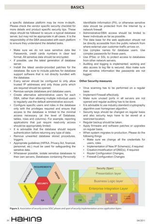BASICS


     a specific database platform may be more in-depth.                                    Identifiable Information (PII), or otherwise sensitive
     Please check the vendor specific security checklist for                               data should be protected from the Internet by a
     more details and product specific security tips. These                                network firewall.
     steps should be followed to secure a typical database                            •    Administrative/DBA access should be limited to
     server, but may not be appropriate in all cases. It is the                            fewer individuals as far as possible.
     responsibility of the DBA associated with each platform                          •    The data base for the web application should not
     to ensure they understand the detailed tasks.                                         be directly accessible from the public network from
                                                                                           where external user customer traffic arrives on.
     •   Make sure we do not save sensitive data like                                 •    Use complex names for database users. Use
         Passwords, credit cards numbers in clear text                                     complex passwords for these users.
         format. All sensitive data should be encrypted.                              •    Use IPSec or SSL to protect access to databases
     •   If possible, use the latest generation of database                                from other network servers.
         server.                                                                      •    Auditing and logging is implemented, working and
     •   Install the latest vendor-provided patches for the                                also access to log file is secured. Also make sure
         database. Be sure to include patches for database                                 that sensitive information like passwords are not
         support software that is not directly bundled with                                logged.
         the database.
     •   Every server should be configured to only allow                              Other Security measures
         trusted IP addresses and only those ports which
         are required should be opened.                                               •    Virus scanning has to be performed on a regular
     •   Remove sample databases and database users.                                       basis
     •   Create alternative administrative users for each                             •    Implement Firewall effectively.
         DBA, rather than allowing multiple individual users                          •    Make sure unused ports in all servers are not
         to regularly use the default administrative account.                              opened and regular auditing has to be done.
     •   Configure specific users and roles in the database                           •    It is advisable to use industry standard cryptography
         only with the privileges required and ensure that                                 algorithm over homegrown algorithm.
         access to the database is limited to the minimal                             •    Security keys should be changed on regular basis
         access necessary (at the level of Database,                                       and also security keys have to be stored at a
         tables, rows and columns). For example, reporting                                 restricted location.
         applications that just require read-only access                              •    Regular backup should be taken.
         should be appropriately limited.                                             •    Apply firmware and software patches or upgrades
     •   It is advisable that the database should require                                  on regular basis.
         authentication before returning any type of data.                            •    When system migrates to production. Please do the
     •   Remove unwanted database stored procedures,                                       following things
         triggers.                                                                         • Make sure we change all the credentials for
     •   Appropriate guidelines (HIPAA, Privacy Act, financial,                                 users, roles
         personnel, etc.) must be used for safeguarding the                                • Implementation of New IP Scheme(s), if required
         sensitive data.                                                                   • Creation/modification of DMZ(s), if required
     •   Whereever possible, isolate sensitive databases to                                • Router Configuration Changes,
         their own servers. Databases containing Personally                                • Firewall Configuration Changes


                              ������������
                                                                                                         �������� ������
                         ��




                                                                                                         ������������ �����
                                                                    ������ ��������
                       ��




                                                 ��
                     ��




                                                    ���
                   ���




                                                     �




                                                                                                     �������� ����� �����
                 ��




                                ��������
                                                                      ���
                                                      ��
                  ��




                                                                                                ���������� ����������� �����
                                                    ��
                   ��




                                                     �
                     ��




                                                  ��
                       ��




                                                ��




                                                                                                                              ������
                                                                                                                              ��������
                         ��




                                               ��




                                                                                                                              ����
                                                                                                                              �������
                                    ��                                                ��         ����
                                                                                                ������              ����
                                                                �                                                                          �
     Figure 3. Association of security across SDLC phases and span of security implementation across application layers



20                                                                                                                                       04/2011
 