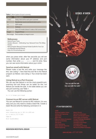 www.hakin9.org/en
when you press enter, after few seconds you will see
some information about your IP address and port
number, then write HEAD / HTTP/1.0 and hit enter. Now
you can see some information about your victim.
Send an email with Netcat
Please make a text file and write your message like
this: see Listing 1. Now feed this text file to the Netcat
program as follows: see Listing 2. Your email has been
sent.
Using Netcat as a Port Scanner
We can say that Netcat is not the most powerful port-
scanning tool and Nmap can be better for this, but
Netcat can handle the task. In the table below you can
see port scanning: see Table 1.
You can use the following syntax:
nc -v -z target port-range
Connect to an IRC server with Netcat
You can use Netcat to connect to IRC network. It is very
easy and you only need to create a batch file. Create a
batch file and write the following command in it:
@echo off
echo Connecting you to IRC irc.2600.net
nc -v 208.111.35.75 6667
USER Nc
Nick YourNickHere
Table 1. Netcat option for port scanning
Option Description
–i secs Delay interval for each port scanned
–r Randomize source and destination ports
–u UDP mode
–v Verbose
–z Zero-I/O mode (doesn’t make a full connection)
Target Target IP/Host
Port-range Port number or range to scan
References:
Netcat Power Tools
Hackers Beware – Defending Your Network From The Wiley
Hacker
Netcat Hacker Manual A Handy Pocket Guide for Your Cat
en.wikipedia.org/wiki/Netcat
http://nc110.sourceforge.net/
MOHSEN MOSTAFA JOKAR
 