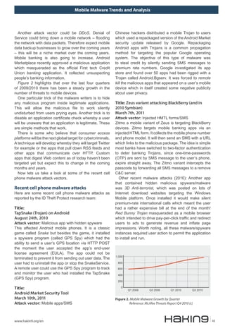 Mobile Malware Trends and Analysis
www.hakin9.org/en 43
Chinese hackers distributed a mobile Trojan to users
which used a repackaged version of the Android Market
security update released by Google. Repackaging
Android apps with Trojans is a common propagation
method for targeting the popular Google operating
system. The objective of this type of malware was
to steal credit by silently sending SMS messages to
premium rate numbers. Google investigated its app
store and found over 50 apps had been rigged with a
Trojan called Android.Bgserv. It was forced to remote
kill the malicious apps that appeared on a user’s mobile
device which in itself created some negative publicity
about user privacy.
Title: Zeus variant attacking BlackBerry (and in
2010 Symbian)
March 7th, 2011
Attack vector: Injected HMTL forms/SMS
Zitmo a mobile variant of Zeus is targeting BlackBerry
devices. Zitmo targets mobile banking apps via an
injected HTML form. It collects the mobile phone number
and phone model. It will then send an SMS with a URL
which links to the malicious package. The idea is simple
most banks have switched to two-factor authentication
to deter banking Trojans, since one-time-passwords
(OTP) are sent by SMS message to the user’s phone,
expire straight away. The Zitmo variant intercepts the
passcode by forwarding all SMS messages to a remove
C&C server.
Other recent malware attacks (2010): Another app
that contained hidden malicious spyware/malware
was 3D Anti-terrorist, which was posted on lots of
Internet download websites targeting the Windows
Mobile platform. Once installed it would make silent
premium-rate international calls which meant the user
had a rather expensive bill at the end of the month!
Red Bunny Trojan masqueraded as a mobile browser
which intended to drive pay-per-click traffic and redirect
users to ads to generate revenue and inflate page
impressions. Worth noting, all these malware/spyware
instances required user action to permit the application
to install and run.
Another attack vector could be DDoS. Denial of
Service could bring down a mobile network – flooding
the network with data packets. Therefore expect mobile
data backup businesses to grow over the coming years
– this will be a niche market over the coming years.
Mobile banking is also going to increase. Android
Marketplace recently approved a malicious application
which masqueraded as the official First tech Credit
Union banking application. It collected unsuspecting
people’s banking information.
Figure 2 highlights that over the last four quarters
of 2009/2010 there has been a steady growth in the
number of threats to mobile devices.
One particular trick of the malware writers is to hide
any malicious program inside legitimate applications.
This will allow the malicious file to work silently
undisturbed from users prying eyes. Another trick is to
disable an application certificate check whereby a user
will be unaware that an application is legitimate. These
are simple methods that work.
There is some who believe that consumer access
platforms will be the next global target for cybercriminals.
A technique will develop whereby they will target Twitter
for example or the apps that pull down RSS feeds and
other apps that communicate over HTTP. Custom
apps that digest Web content as of today haven’t been
targeted yet but expect this to change in the coming
months and years.
Now lets us take a look at some of the recent cell
phone malware attack vectors.
Recent cell phone malware attacks
Here are some recent cell phone malware attacks as
reported by the ID Theft Protect research team:
Title:
TapSnake (Trojan) on Android
August 24th, 2010
Attack vector: Malicious app with hidden spyware
This affected Android mobile phones. It is a classic
game called Snake but besides the game, it installed
a spyware program (called GPS Spy) which had the
ability to send a user’s GPS location via HTTP POST
the moment the user accepted the app’s end-user
license agreement (EULA). The app could not be
terminated to prevent it from sending out user data. The
user had to uninstall the app or stop the SnakeService.
A remote user could use the GPS Spy program to track
and monitor the user who had installed the TapSnake
(GPS Spy) program.
Title:
Android Market Security Tool
March 10th, 2011
Attack vector: Mobile apps/SMS
Figure 2. Mobile Malware Growth by Quarter
Reference: McAfee Threats Report Q4 2010 (c)
�����
���
���
���
���
�
������� ������� ������� �������
 