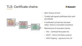 TLS: Certificate chains
• AKA “Chains of trust”
• Trusted self-signed certificates also work
(by default)
• If certificate’s private key has been
stolen, there’s a revocation procedure
• Mechanisms of revocation checks
• CRL – Certificate Revocation list
• OSCP – Online Cert Status protocol
• OSCP Stapling – signatures from CA
 