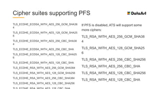 Cipher suites supporting PFS
TLS_ECDHE_ECDSA_WITH_AES_256_GCM_SHA38
4
TLS_ECDHE_ECDSA_WITH_AES_128_GCM_SHA25
6
TLS_ECDHE_ECDSA_WITH_AES_256_CBC_SHA38
4
TLS_ECDHE_ECDSA_WITH_AES_256_CBC_SHA
TLS_ECDHE_ECDSA_WITH_AES_128_CBC_SHA25
6
TLS_ECDHE_ECDSA_WITH_AES_128_CBC_SHA
TLS_ECDHE_RSA_WITH_AES_256_GCM_SHA384
TLS_ECDHE_RSA_WITH_AES_128_GCM_SHA256
TLS_ECDHE_RSA_WITH_AES_256_CBC_SHA384
TLS_ECDHE_RSA_WITH_AES_128_CBC_SHA256
If PFS is disabled, ATS will support some
more ciphers:
TLS_RSA_WITH_AES_256_GCM_SHA38
4
TLS_RSA_WITH_AES_128_GCM_SHA25
6
TLS_RSA_WITH_AES_256_CBC_SHA256
TLS_RSA_WITH_AES_256_CBC_SHA
TLS_RSA_WITH_AES_128_CBC_SHA256
TLS_RSA_WITH_AES_128_CBC_SHA
 