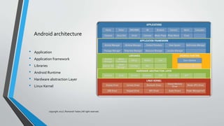 Android architecture
copyright 2017 | Romansh Yadav | All right reserved.
• Application
• Application framework
• Libraries
• Android Runtime
• Hardware abstraction Layer
• Linux Kernel
 